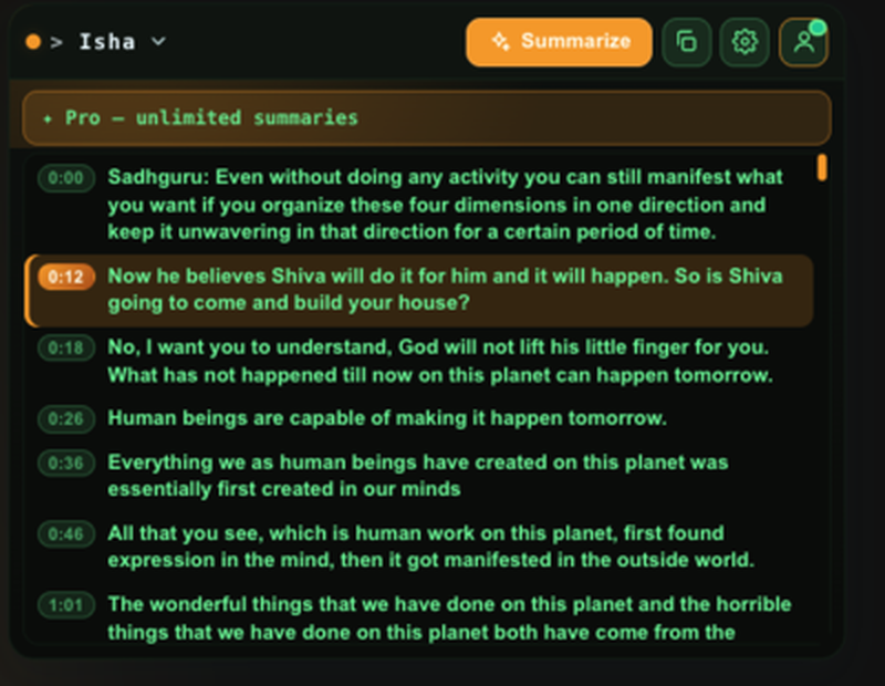 The Isha widget open on a YouTube video, showing the live transcript